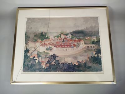 aquarelle encadrée représentant une vue d'une ville dans une forêt