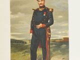 an old picture of a man in uniform standing in a field