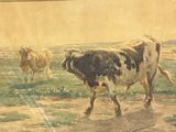 un tableau représentant une vache marchant dans un champ avec d'autres vaches