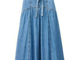 the skirt is blue and has a tie at the waist