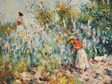 an oil painting of a woman in a garden with flowers
