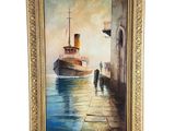 une peinture à l'huile représentant un bateau sur l'eau, à côté d'un bâtiment