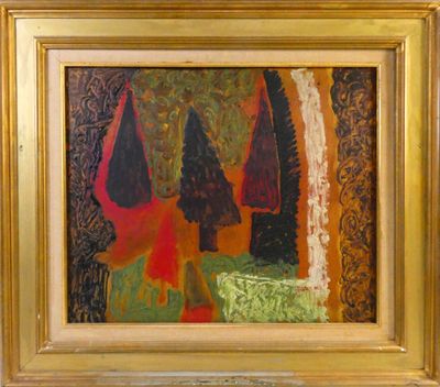 an image of a painting of trees in a forest with red and green colors
