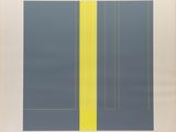 une image représentant un tableau bleu et jaune accroché à un mur blanc
