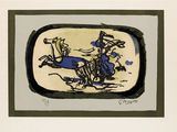drawing of a man riding a horse with a skeleton on it