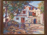 une peinture à l'huile représentant une maison dans un cadre champêtre