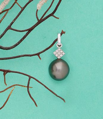 un pendentif composé d'une perle noire et de diamants, posé sur une branche