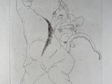 pencil drawing of a man holding a knife in his right hand and a woman in the other