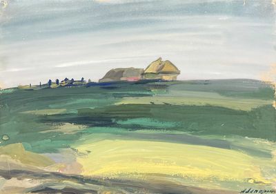 une image d'une peinture représentant une maison dans un champ