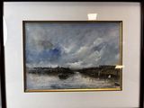 painting of a boat in a body of water under a cloudy sky
