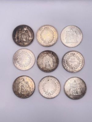 9 pièces 50 francs argent type Hercule. Poids : 269,4 g - Photo 1