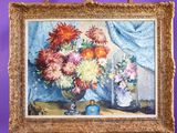 a painting of flowers in a vase on a table