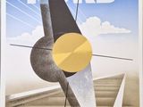 poster of a plane on the ground with a sun in the background