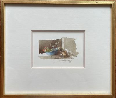 painting of a bowl of fruit with a cat in the background