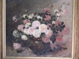 a painting of pink and white flowers in a vase