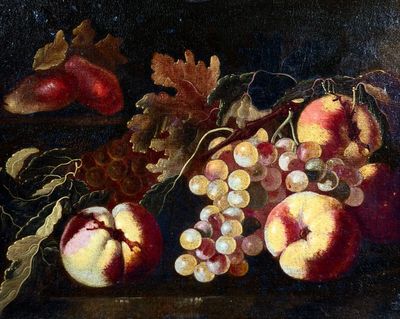 une peinture représentant des fruits posés sur une table, avec des feuilles et des glands