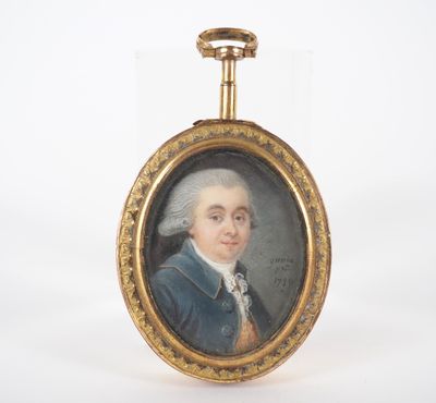 portrait of a gentleman in a blue coat with a gold - plated case