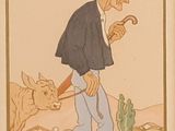 painting of a man with a pipe and a cow in the background