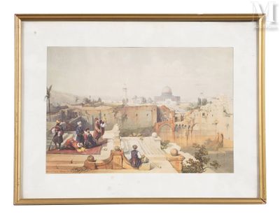 tableau représentant une vue de ville avec des personnes assises par terre