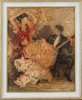 une image représentant un tableau d'une femme en robe de flamenco