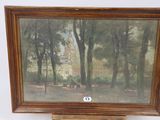une peinture à l'huile représentant une scène de parc avec des arbres et un bâtiment en arrière-plan