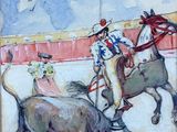 un tableau représentant un homme à cheval poursuivant un taureau