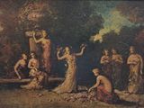 tableau représentant un groupe de personnes dans un décor boisé