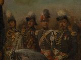 painting of a painting of a man on a horse with other men in uniform