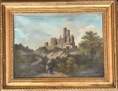 une peinture à l'huile représentant un château sur une colline, avec un homme et une femme vêtue d'une robe bleue
