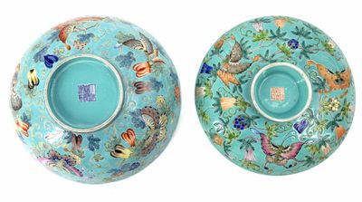 pair of chinese cloisons of blue and green decorated with birds and flowers