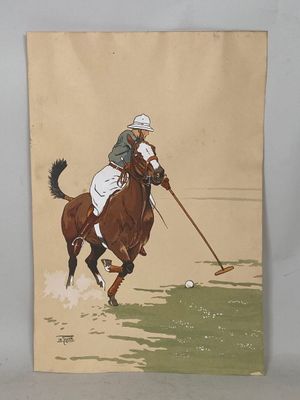 un tableau représentant un homme à cheval jouant au polo