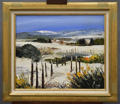 une peinture à l'huile représentant un paysage enneigé avec une clôture au premier plan