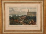 a painting of a view of a village with a castle in the background