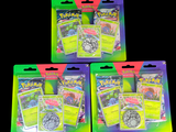 trois paquets de cartes à collectionner pokemon sont représentés sur un fond noir