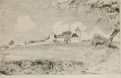 dessin représentant un paysage avec une maison et un arbre au premier plan