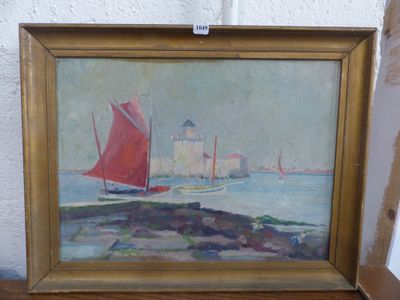 une peinture représentant un voilier rouge sur l'eau