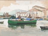un tableau représentant un bateau vert sur l'eau