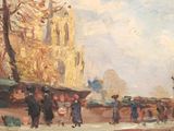 an oil painting of a street scene with people walking and a church in the background