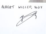 a person holding up a sign with a picture of a person holding a surfboard