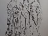 un dessin représentant trois femmes en robe, debout les unes à côté des autres