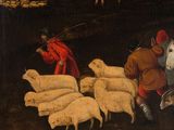 an image of a painting of sheep being herded by two men