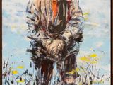 an oil painting of a man standing in a field with his arms crossed