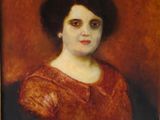 tableau représentant une femme en robe rouge sur fond marron