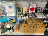 a glass shelf with many different items on it