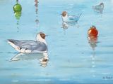 a painting of a seagull in the water with other seagulls