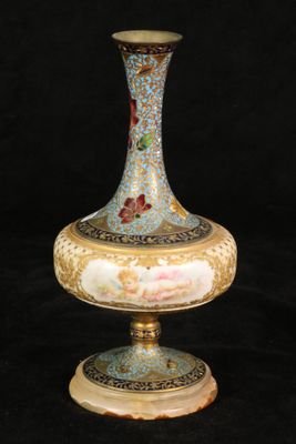 a vase that is sitting on a stand on a black background
