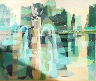 a painting of a man riding a horse in a park