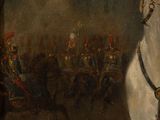 painting of a man on a white horse in front of a group of soldiers