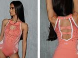two pictures of a woman in a pink bodysuit posing for a picture