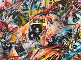 peinture représentant un tas d'autocollants sur un mur recouvert de graffitis